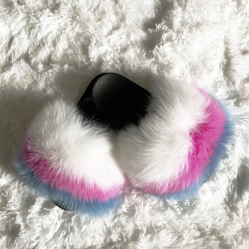 Blue Pink and White Fur Slides - Picture 1 of 1